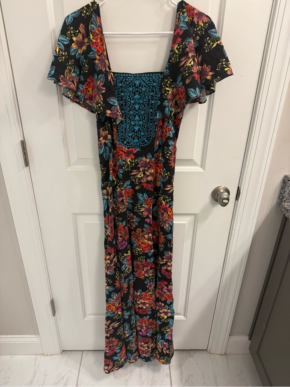 FARM Rio Black Tropical Floral Embroidered Square Neck Maxi Dress XS